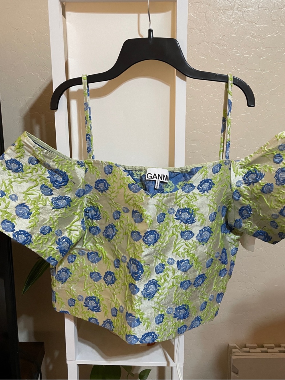 Ganni Green and Blue Floral Off-Shoulder Camisole